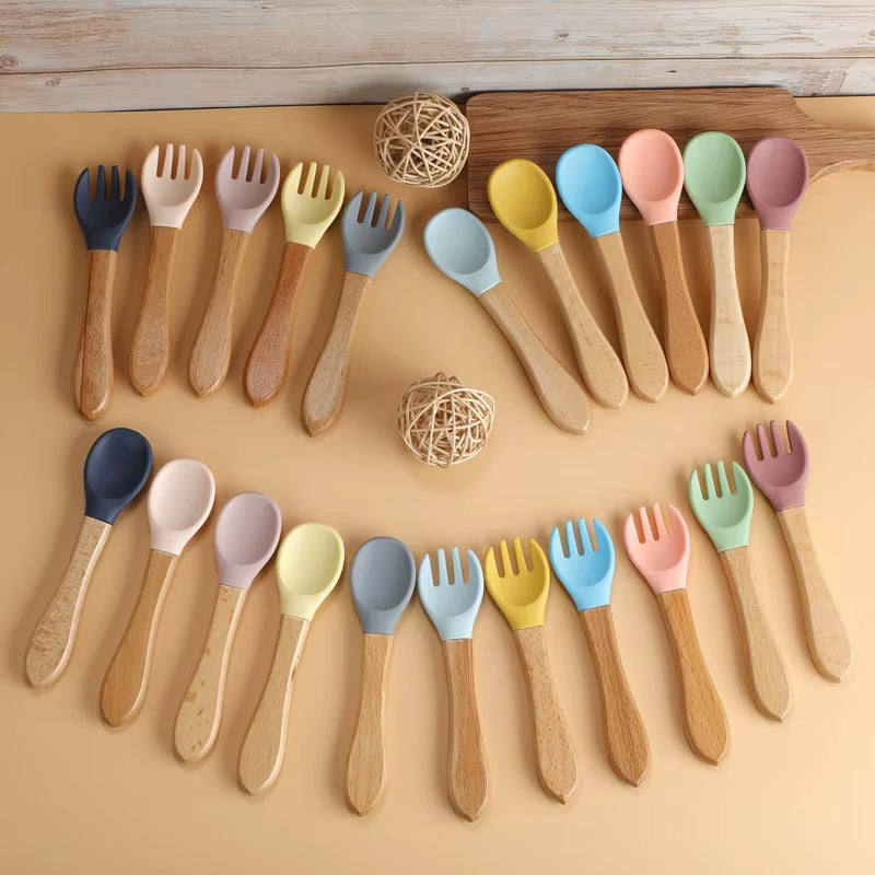 TYRY.HU 1Set Baby Silicone Fork Spoon Set Wooden Handle Children Silicone Feeding Fork Spoon Set Christmas Gift Birthday Gift