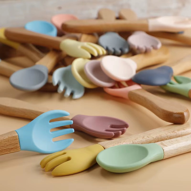 TYRY.HU 1Set Baby Silicone Fork Spoon Set Wooden Handle Children Silicone Feeding Fork Spoon Set Christmas Gift Birthday Gift