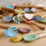 TYRY.HU 1Set Baby Silicone Fork Spoon Set Wooden Handle Children Silicone Feeding Fork Spoon Set Christmas Gift Birthday Gift