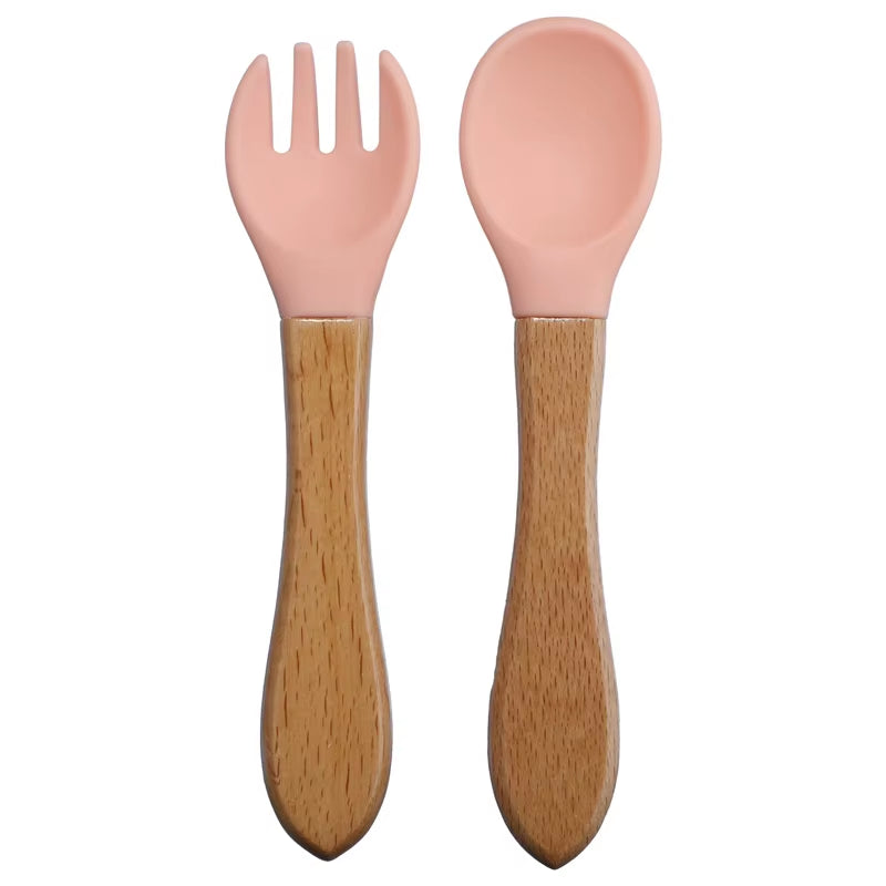 TYRY.HU 1Set Baby Silicone Fork Spoon Set Wooden Handle Children Silicone Feeding Fork Spoon Set Christmas Gift Birthday Gift