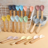 TYRY.HU 1Set Baby Silicone Fork Spoon Set Wooden Handle Children Silicone Feeding Fork Spoon Set Christmas Gift Birthday Gift