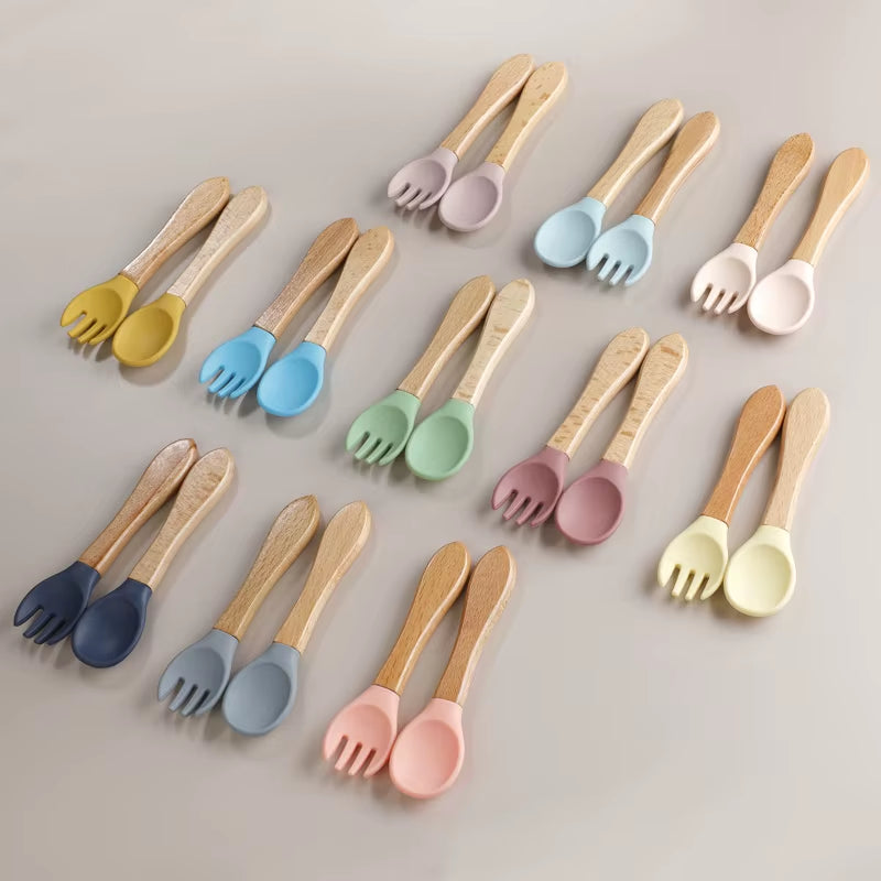 TYRY.HU 1Set Baby Silicone Fork Spoon Set Wooden Handle Children Silicone Feeding Fork Spoon Set Christmas Gift Birthday Gift