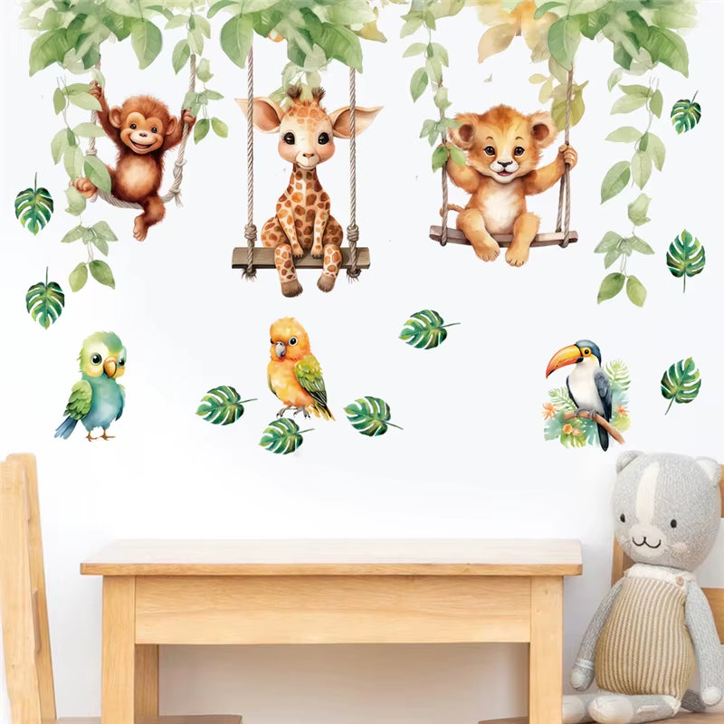 Funny Animals Bird Swinging Wall Stickers Kids Room Decoration Diy Cartoon Monkey Giraffe Lion Mural Art Pvc Posters Home Decals